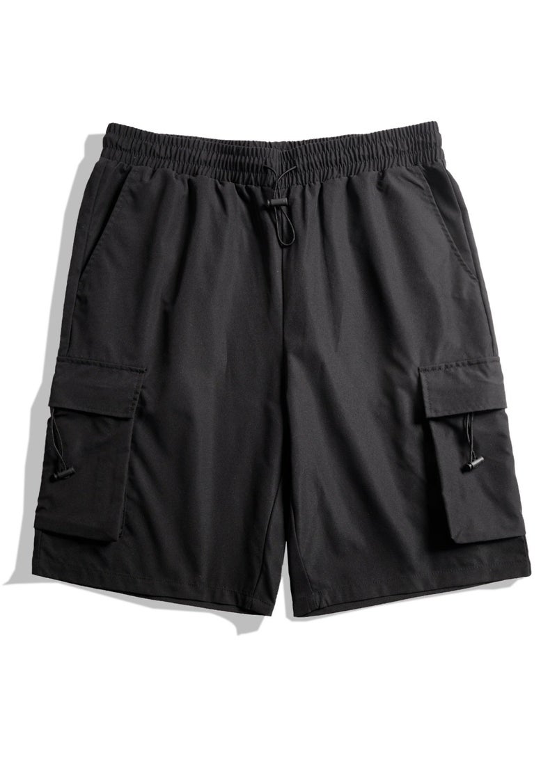 Men's Black Techwear Cargo Shorts Casual Elastic Waist Shorts with Toggle Drawstring and Utility Pockets - Image 4